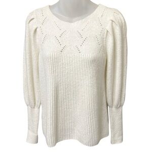 Liz Claiborne Cream Crew Neck Long Puff Sleeve Soft Knit Pattern Sweater XS